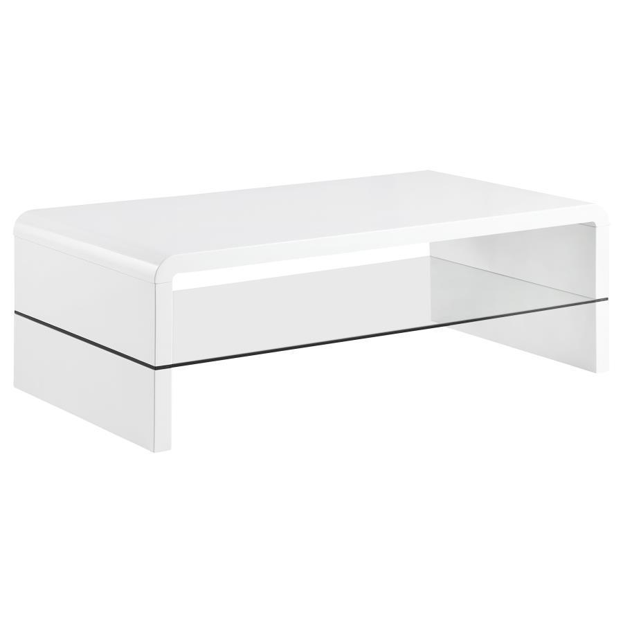 CoasterEssence - Airell - Rectangular Coffee Table With Glass Shelf - White High Gloss - 5th Avenue Furniture