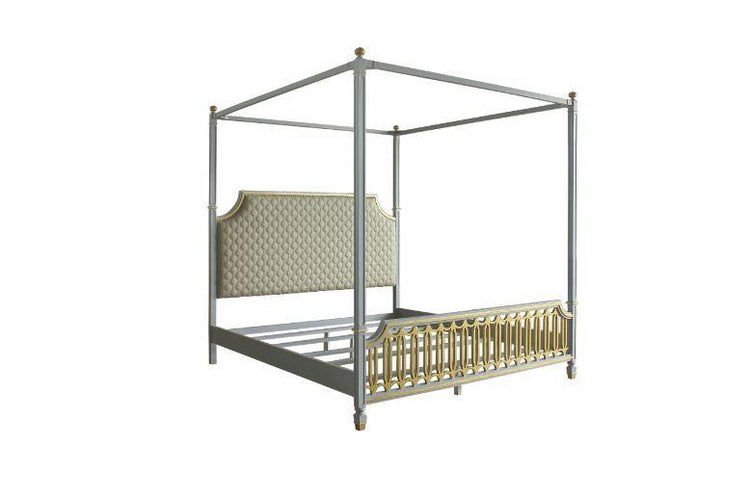 ACME - House - Marchese California King Bed - Beige PU, Gold & Pearl Gray Finish - 5th Avenue Furniture