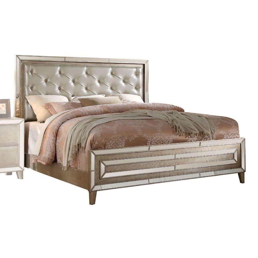 ACME - Voeville - Eastern King Bed - Matte Gold PU & Antique Silver - 5th Avenue Furniture