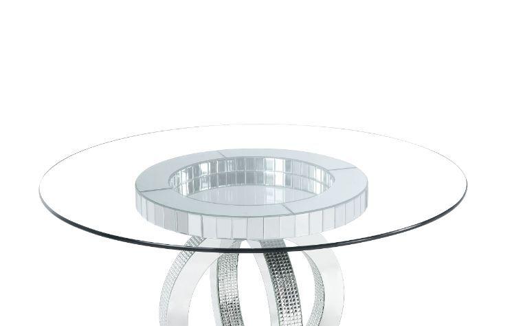 ACME - Ornat - Dining Table - Clear Glass, Mirrored & Faux Diamonds - 30" - 5th Avenue Furniture