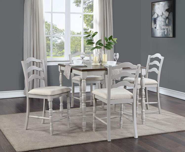 ACME - Bettina - Counter Height Table Set (5 Piece) - Beige Fabric, Antique White & Weathered Oak - 5th Avenue Furniture