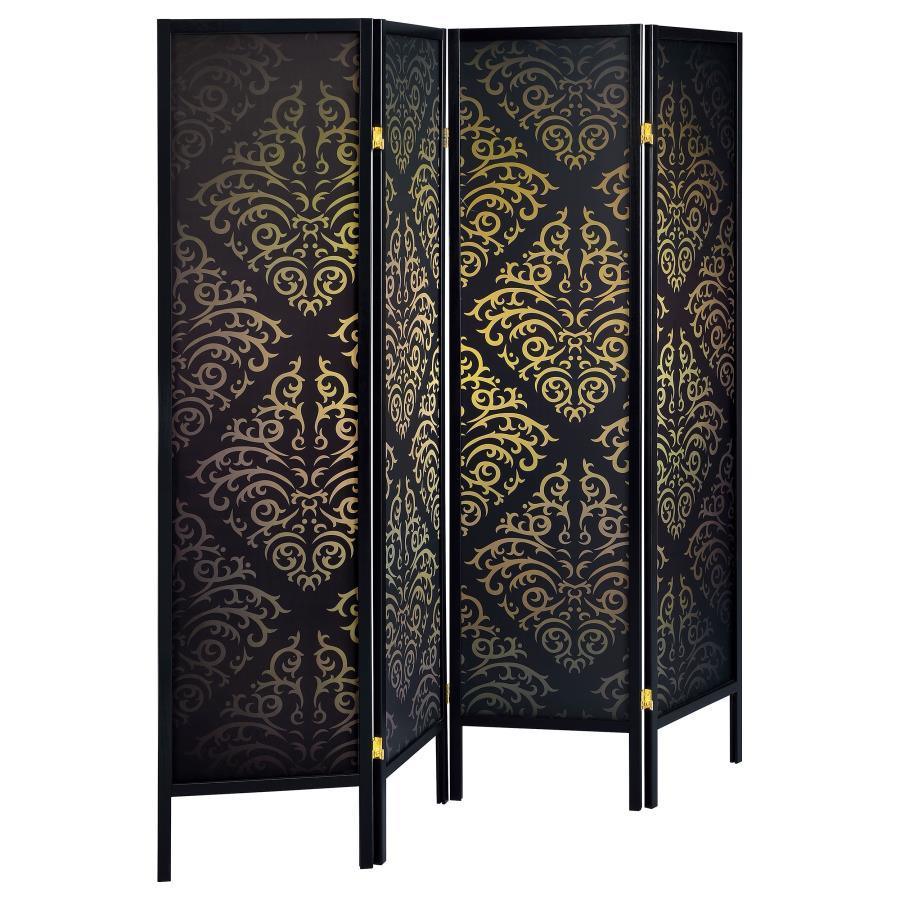 CoasterEveryday - Haidera - 4-panel Damask Pattern Folding Screen - Black - 5th Avenue Furniture