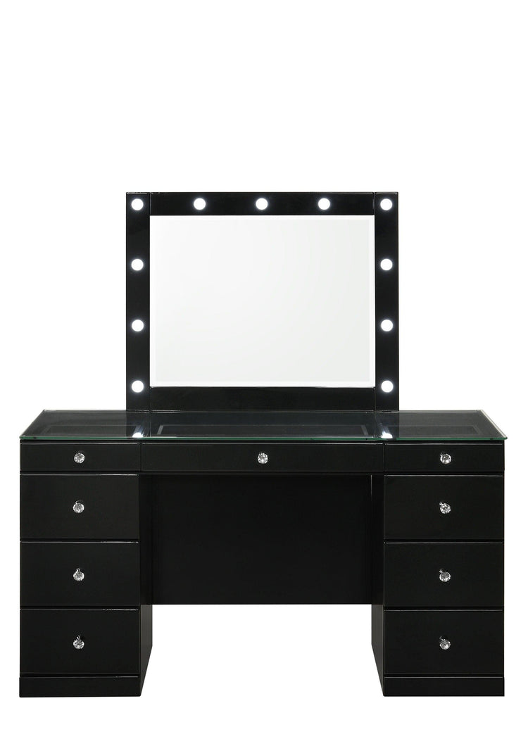 Crown Mark - Avery - Vanity Desk With Glass Top, Led Mirror & Stool - Black - 5th Avenue Furniture