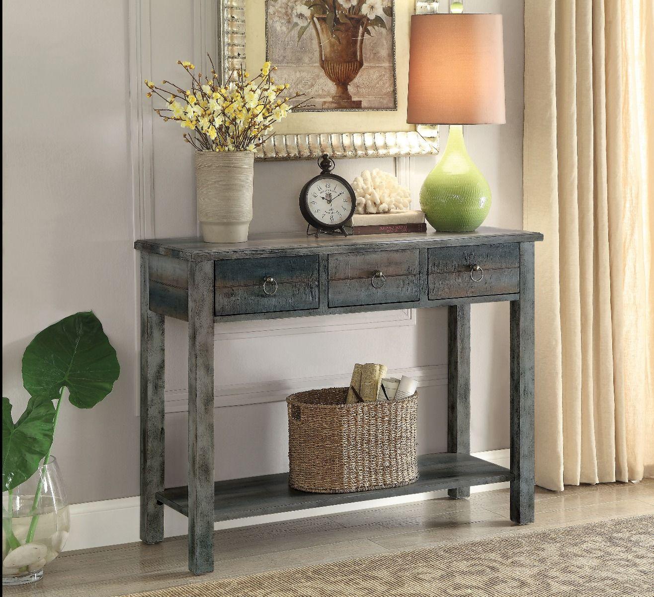 ACME - Glancio - Accent Table - Antique White & Teal - 5th Avenue Furniture