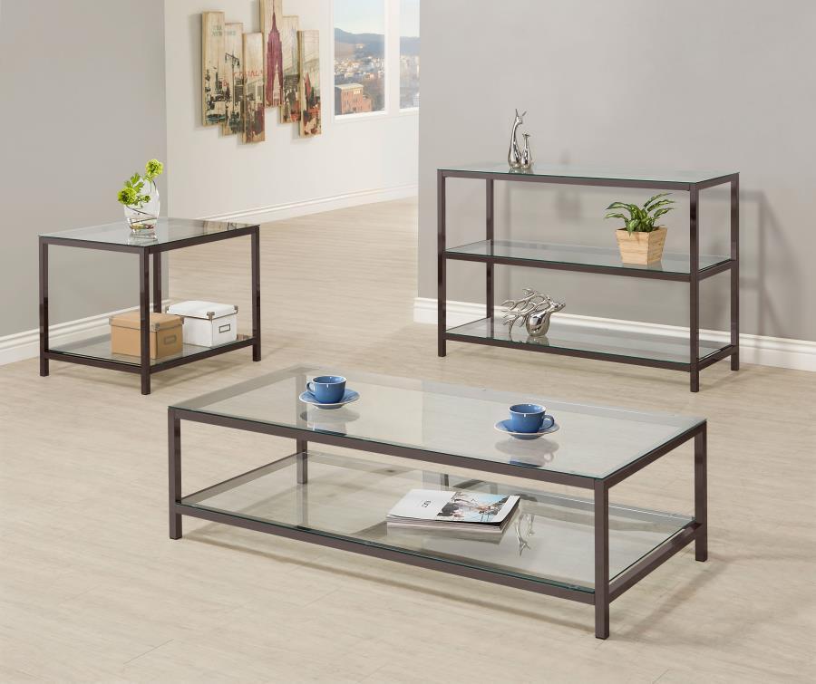 CoasterEssence - Trini - Sofa Table With Glass Shelf - Black Nickel - 5th Avenue Furniture