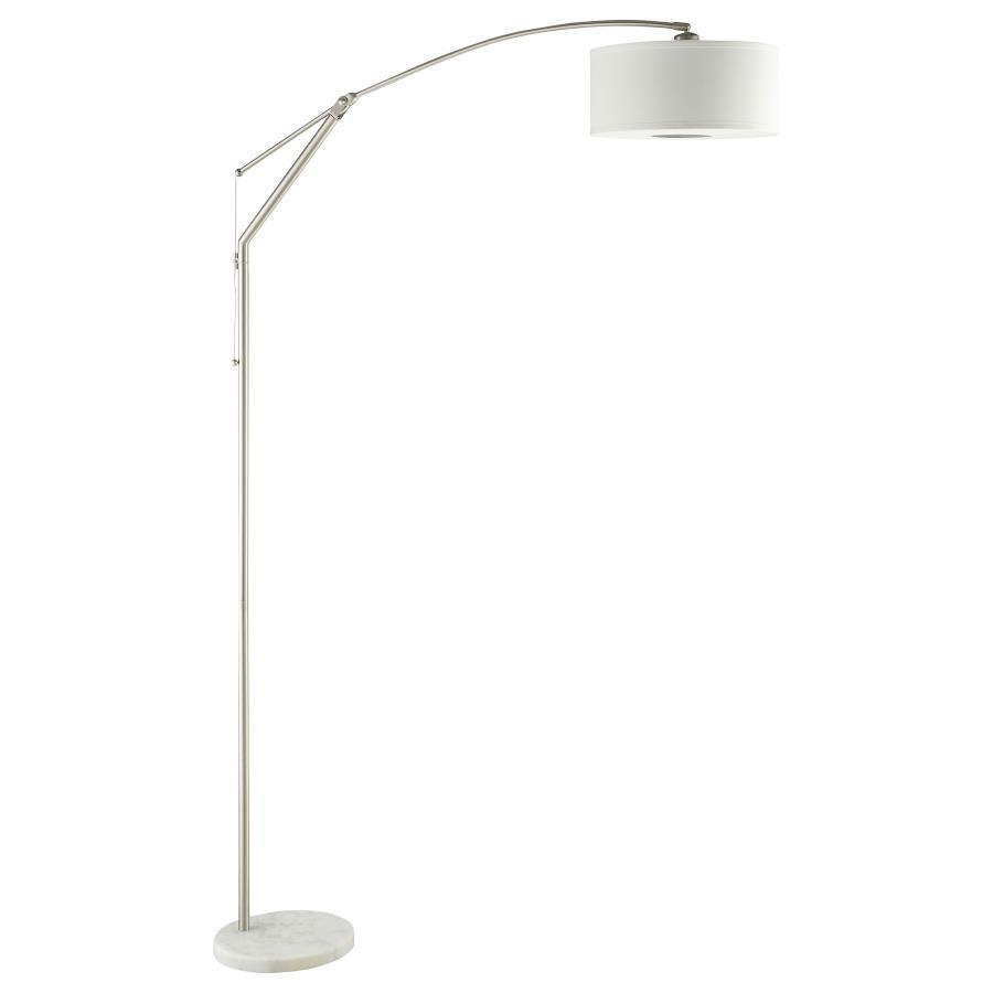 CoasterEveryday - Moniz - Adjustable Arched Arm Floor Lamp - Chrome And White - 5th Avenue Furniture