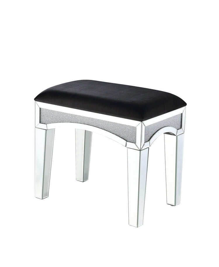 ACME - Noralie - Vanity Stool - Black Fabric, Mirrored & Faux Diamonds - 5th Avenue Furniture