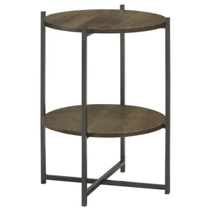 CoasterEssence - Axel - Round Accent Table With Open Shelf - Natural And Gunmetal - 5th Avenue Furniture