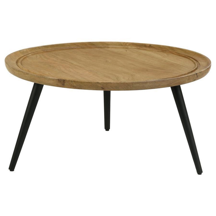 CoasterEssence - Zoe - Round Coffee Table With Trio Legs - Natural And Black - 5th Avenue Furniture