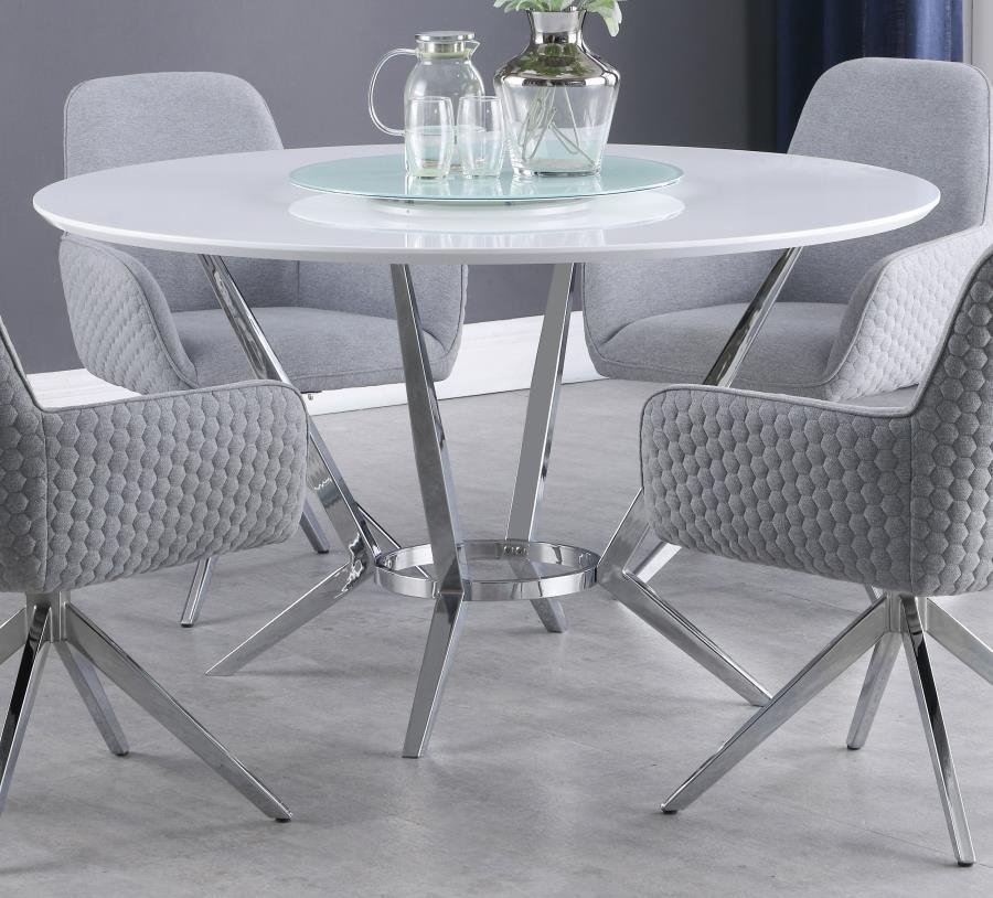 CoasterElevations - Abby - Round Dining Table With Lazy Susan - White And Chrome - 5th Avenue Furniture