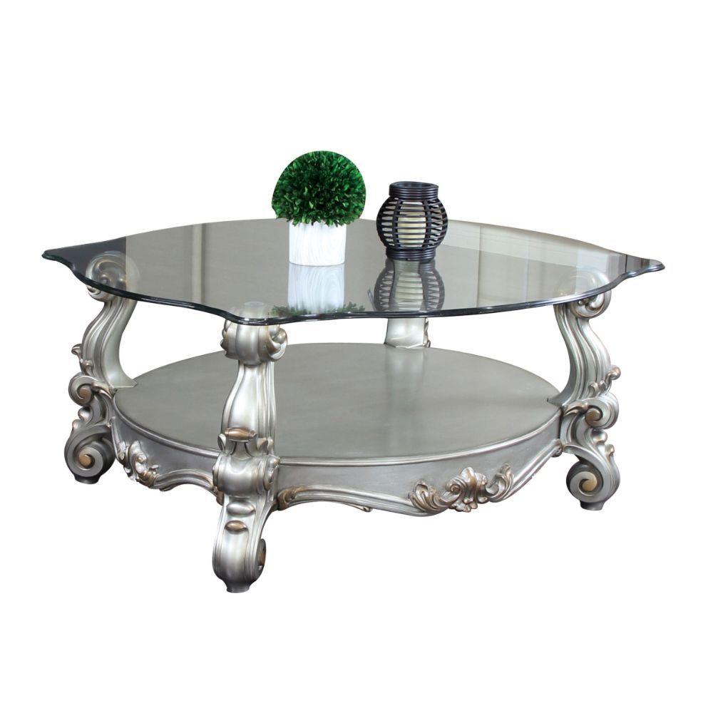 ACME - Versailles - Coffee Table - Antique Platinum - & Clear Glass - 22" - 5th Avenue Furniture