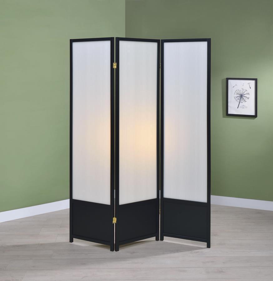 CoasterEveryday - Calix - 3-Panel Folding Floor Screen - Translucent And Black - 5th Avenue Furniture