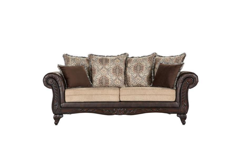 Coaster Fine Furniture - Elmbrook - Upholstered Rolled Arm Sofa With Intricate Wood Carvings - Brown - 5th Avenue Furniture