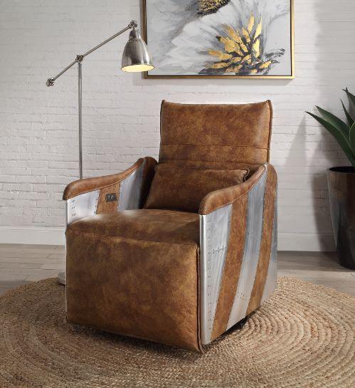 ACME - Qalurne - Recliner - 2-Tone Mocha Top Grain Leather & Aluminum - 5th Avenue Furniture