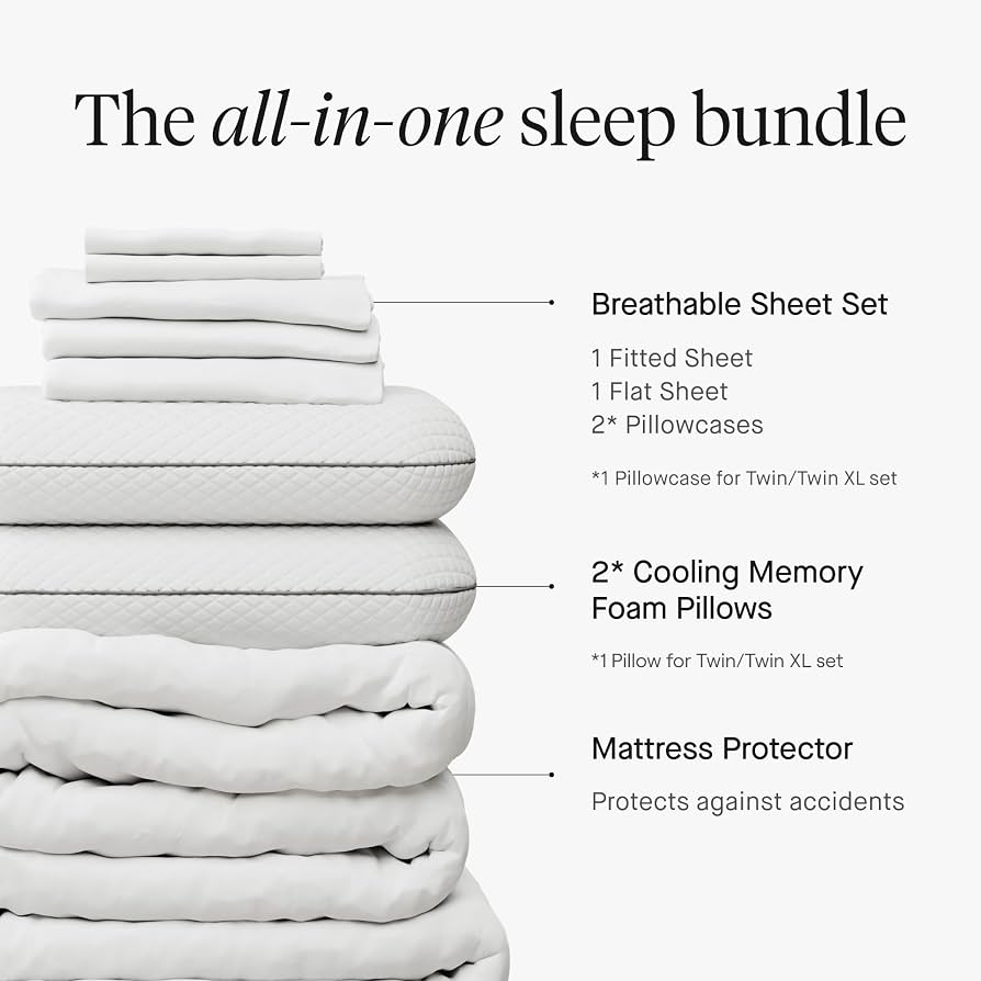 Sleep Bundle with cooling memory foam pillows, a breathable sheet set with pillowcases, and a mattress protector. Twin and Twin XL include one pillow and one pillowcase; other standard sizes include two.
